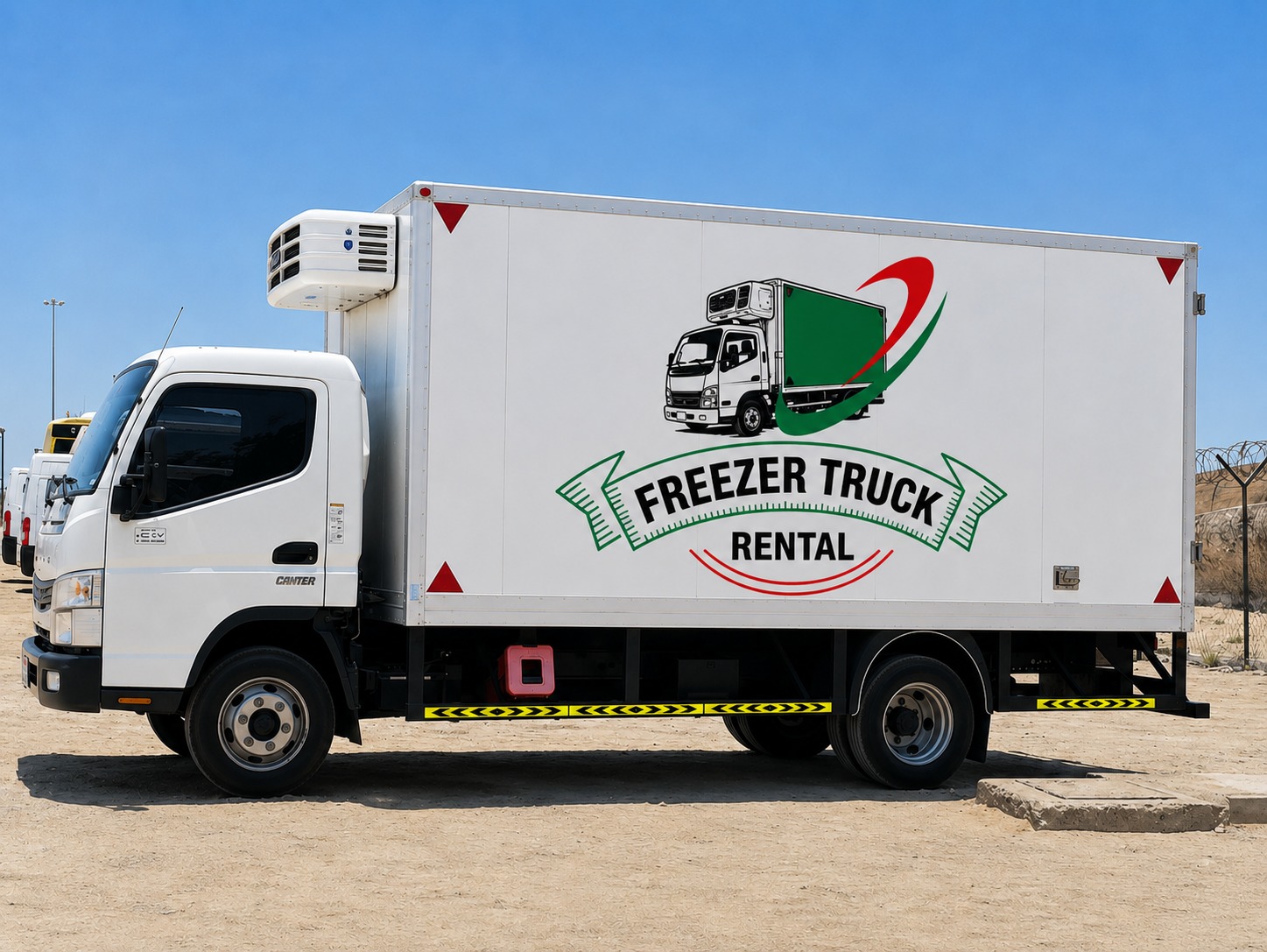 Freezer truck rental in Abu Dhabi featuring a branded temperature-controlled truck for frozen goods transport, cold chain delivery, and refrigerated logistics services across UAE.