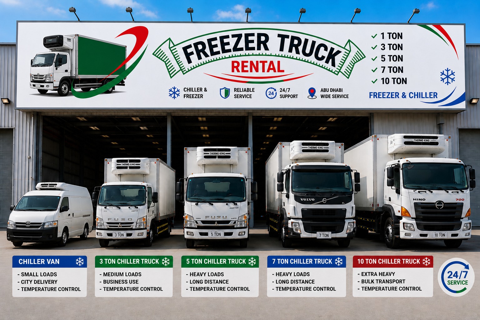 Chiller truck rental fleet in Abu Dhabi featuring 3 ton, 5 ton, 7 ton, and 10 ton temperature-controlled trucks for refrigerated transport and cold chain deliveries across UAE.
