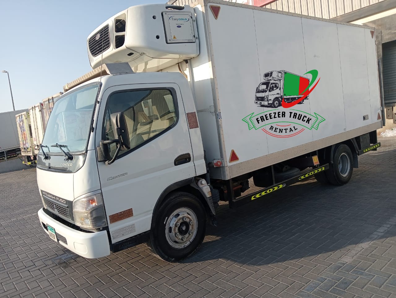 Freezer truck rental in Abu Dhabi featuring a temperature-controlled refrigerated truck for frozen food, chilled products, and cold chain logistics across UAE.