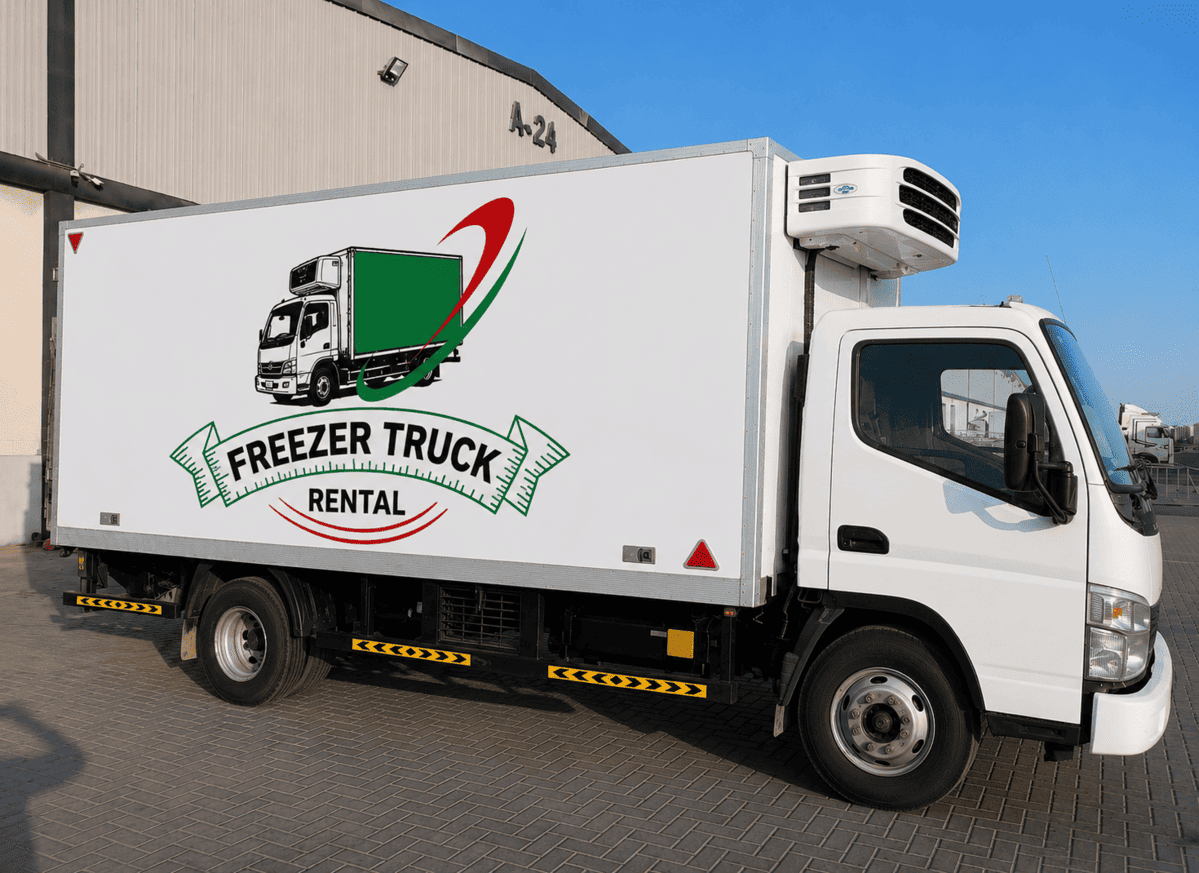 Freezer truck rental in Abu Dhabi featuring a temperature-controlled freezer vehicle for frozen food transport, deep freeze cargo, and cold chain logistics across UAE.